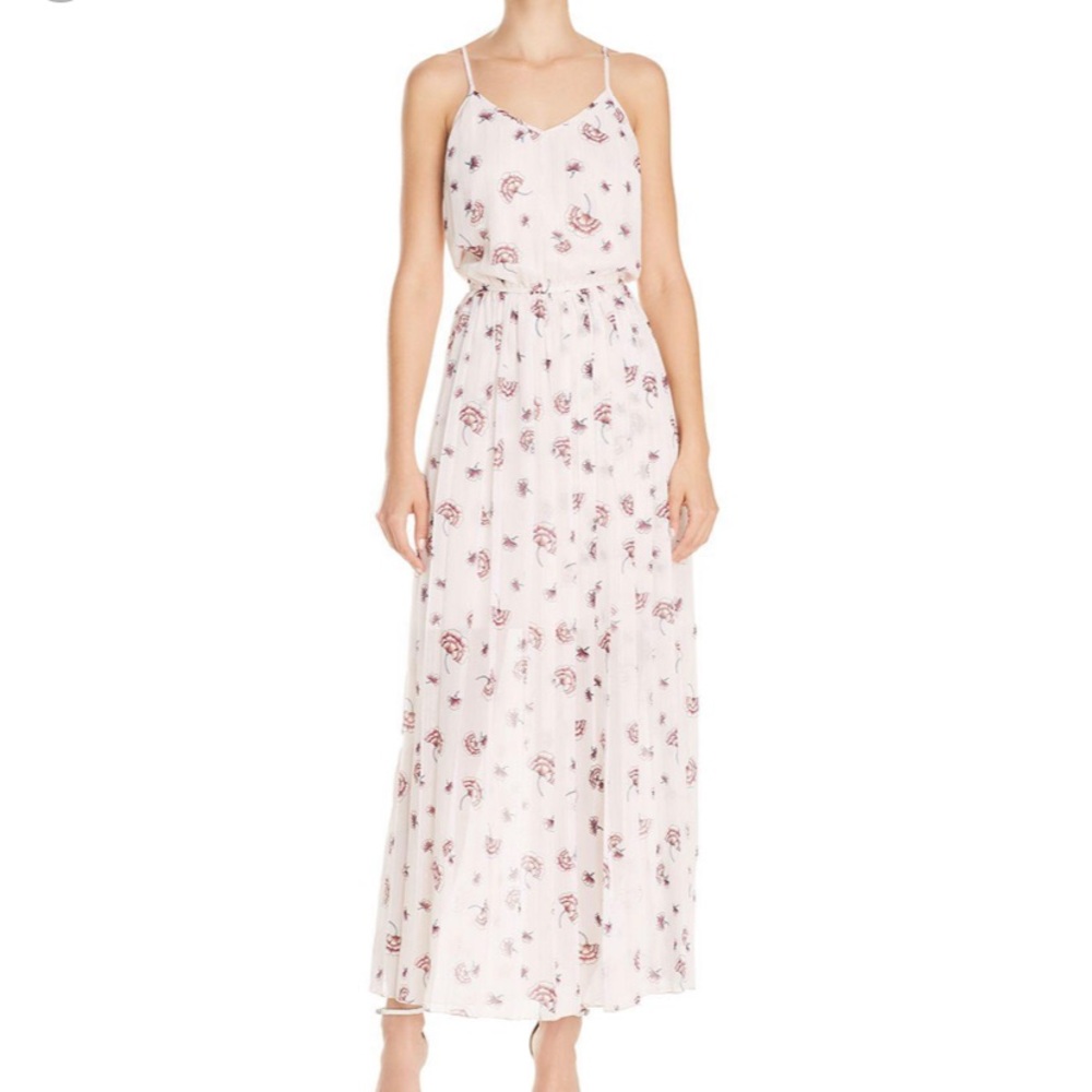 Aqua metallic pleated floral maxi dress